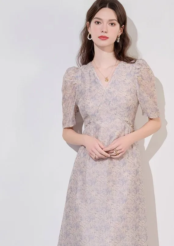 V-NECK PALE FLOWER PRINT DRESS
